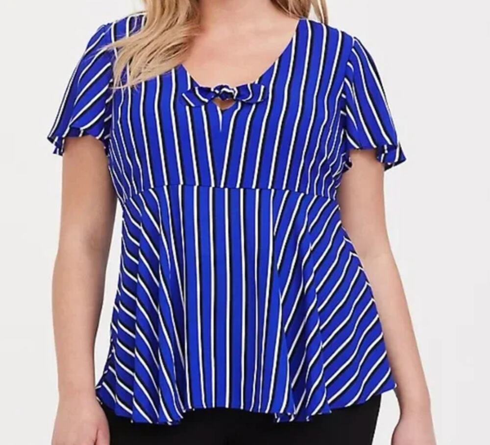 Torrid Women's Plus 1X Blue Stripe Georgette Bow Top Flutter Sleeves